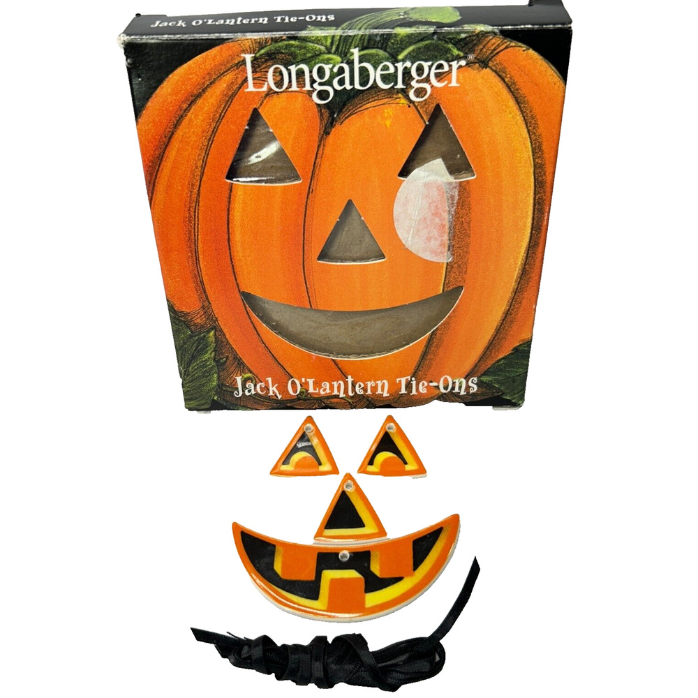 Longaberger Halloween Jack O Lantern Ceramic Face Tie-Ons with Ribbons Box 2000